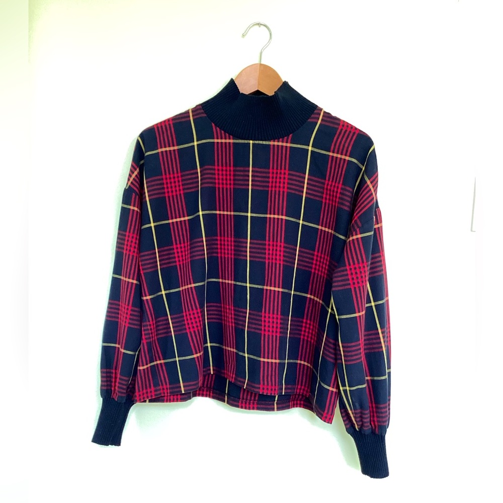 Zara Lightweight Tartan Plaid Mock Turtleneck Sz XS